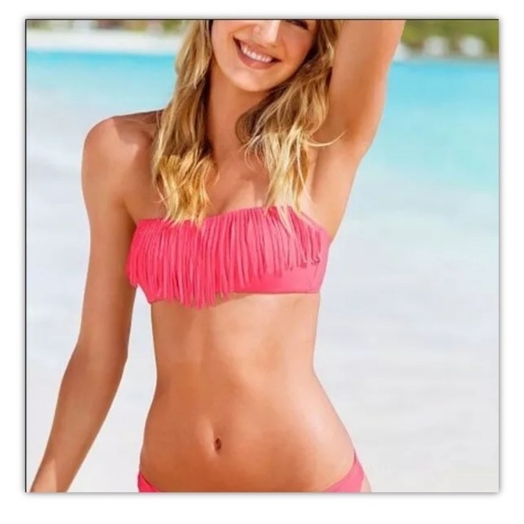 VICTORIA'S SECRET Bikini Top Large Neon Pink Fringe Swimwear - Picture 1 of 11